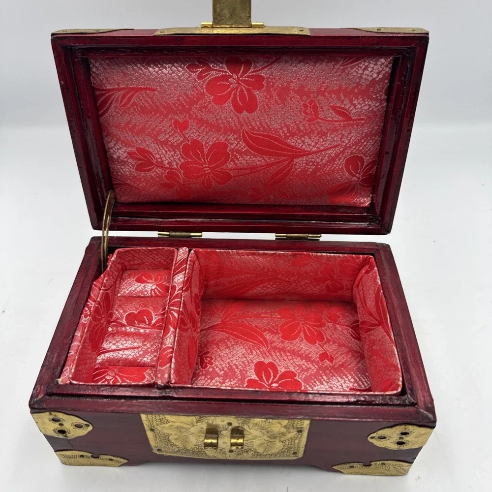 Vintage Chinese Rosewood Jewelry Box Jade Inlay Brass & Silk Accents